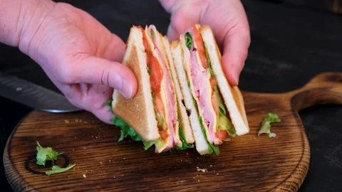 Close up sandwich in hands showing texture and filling Vídeos de archivo 332788826