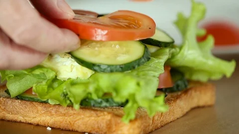 A close-up of sandwich with tomatoes and cucumbers Stock Footage 90039448