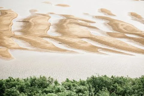 A close up of a sandy beach with trees in the foreground Stock Photos