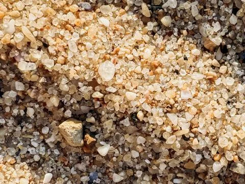 Close-Up of Sandy Texture with Grains and Pebbles Closeup of clean sand wit.. Stock Photos