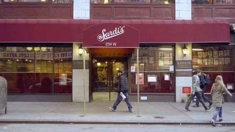 Close up of Sardi's red canopy at 234 West 44th Street in Manhattan 4K NYC Stock Footage 74180695