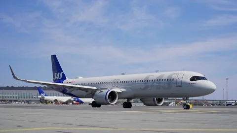Close Up, SAS Airbus A321 Passenger Airplane Taxi for Takeoff from Copenhagen Stock Footage 280275911