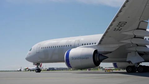 Close Up, SAS Airbus A350 Passenger Airplane Taxi for Takeoff at Copenhagen Stock Footage 280276384