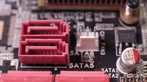 Close-up of a SATA controller slot, macro view, slider shot Stock Footage 106998799
