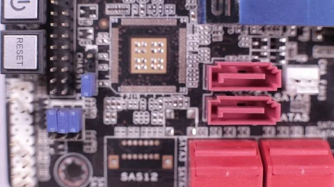Close-up of a SATA controller slot, macro view, slider shot Stock Footage 106999162