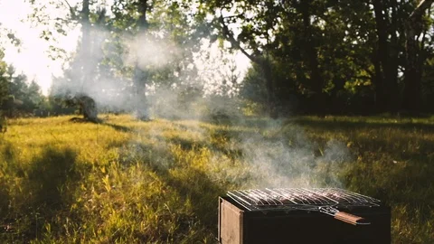 Close up of sauages on a small bbq grill Stock Footage 115055867