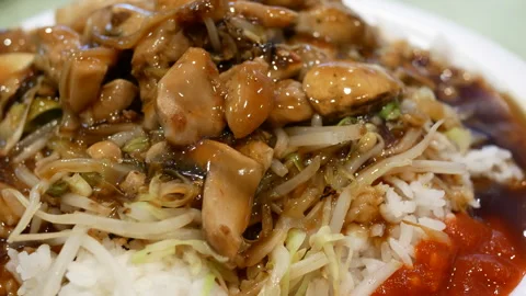 Close-up of Savory Stir-Fried Chicken with Bean Sprouts and Steamed Rice Stock Footage 337992516