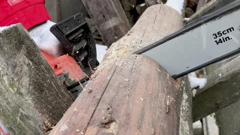 Close up of sawing a log with a chainsaw 動画素材 153156033