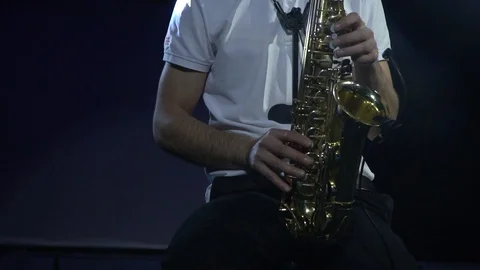 Close up of a saxophone player, performing on stage Stock Footage 111256401