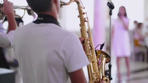 Close-up of a saxophonist's hands and back during a performance. musician Stock Footage 143518094