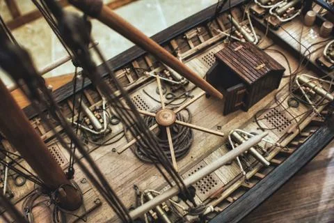 Close-up of a scale model sailing ship made from balsa wood Stock Photos