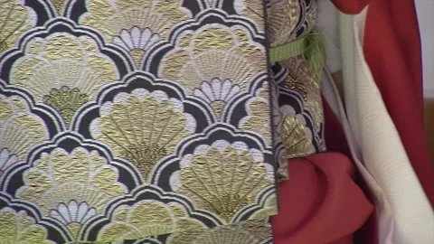 Close-up of the scalloped brocade pattern on the otaiko of a women's Stock Footage 150970233