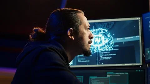 Close up of scammer using artificial intelligence to compromise digital devices Foto stock