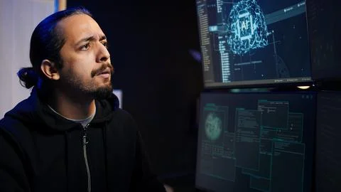 Close up of scammer using artificial intelligence to compromise digital devices Stock Photos