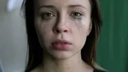 Close Up Of A Scared And Crying Woman With Smeared Make Up Stock Footage