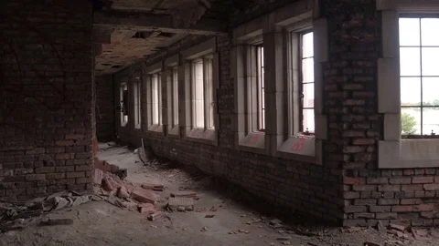 CLOSE UP: Scattered remains of destroyed and abandoned children's asylum in USA Stock Footage 76285059