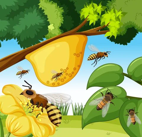 Close up scene with many bees and beehive Illustrazione stock