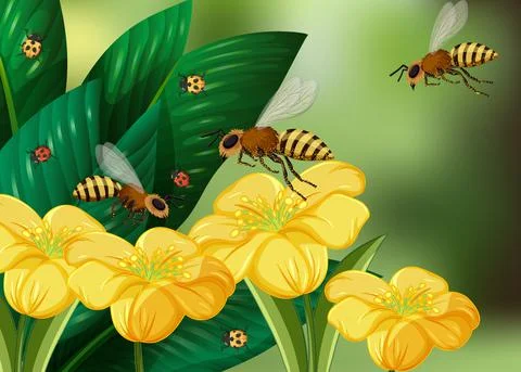 Close up scene with many bees and yellow flowers on blur background Illustrazione stock