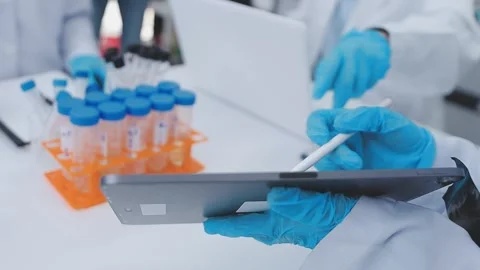 Close up scene of researcher examining alternative protein powder in steril.. Stock Footage 335925765