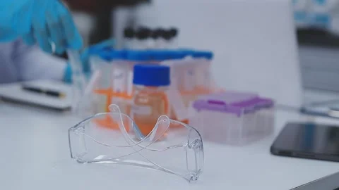 Close up scene of researcher examining alternative protein powder in steril.. Stock Footage 335925802