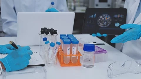 Close up scene of researcher examining alternative protein powder in steril.. Stock Footage 335925829