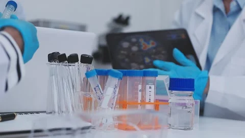 Close up scene of researcher examining alternative protein powder in steril.. Stock Footage 335925830