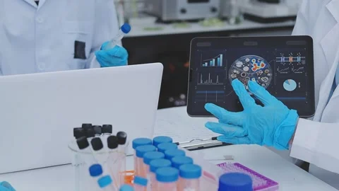 Close up scene of researcher examining alternative protein powder in steril.. Stock Footage 335925832