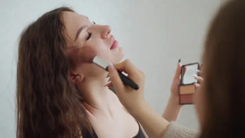 Close Scenes White Woman Receiving Blush And Powder Application With Large Brush Stock Footage 333640645