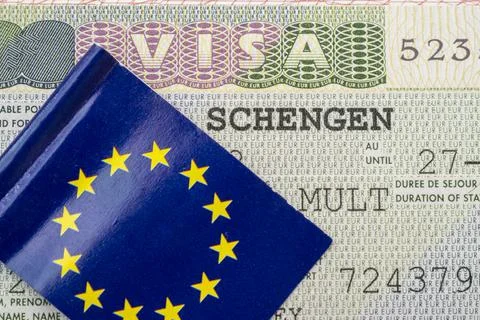 Close-up of Schengen visa with flag of EU Stock Photos