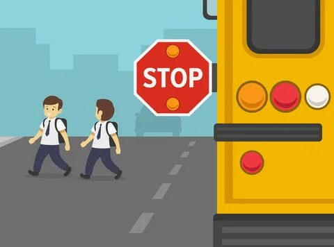 Close-up of school bus with an extended stop sign. Boys crossing the street. Stock Illustration