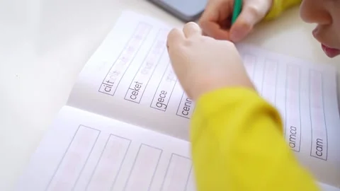 Close up Schoolboy child write exercise alphabet using laptop online educational Stock Footage 233463439