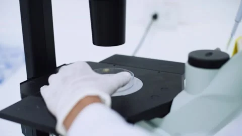 Close up scientist drop of yellow liquid on plate at microscope	 Stock Footage 134898590