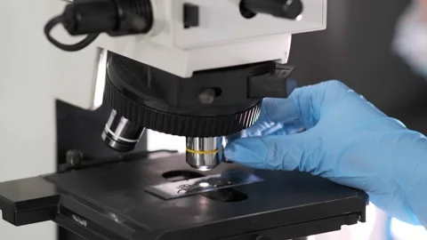 Close-up of a scientist examining samples under a microscope Видео 269304706
