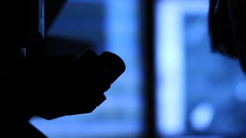 Close up Scientist looking down microscope Stock Footage 83854727