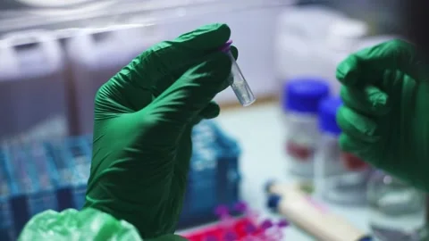 Close up scientist looking at RNA Extract in Micro Centrifuge Tube for PCR test Stock Footage 131551011