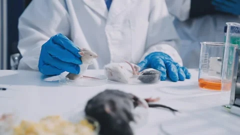 Close-up of scientist performing laboratory testing on a white mouse in a m.. Stock Footage 336565020