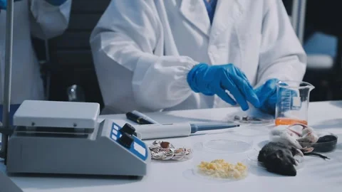 Close-up of scientist performing laboratory testing on a white mouse in a m.. Stock Footage 336565074