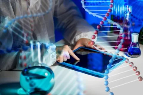 Close up of scientist with tablet pc in laboratory 写真素材