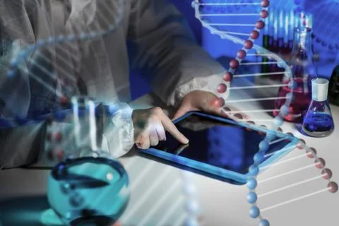 Close up of scientist with tablet pc in laboratory Stock Photos