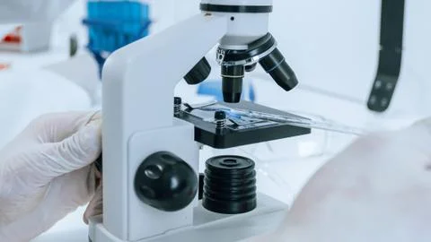 Close up. scientist using a microscope in a modern laboratory. Stock Photos