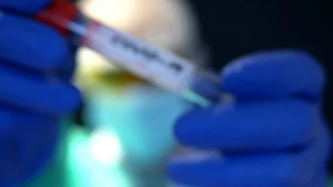Close up of scientist's hands wearing nitrile gloves holding a sample tub wit Stock Footage 127638939