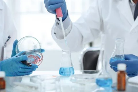 Close up. Scientists testing liquid from a Petri dish. Foto stock
