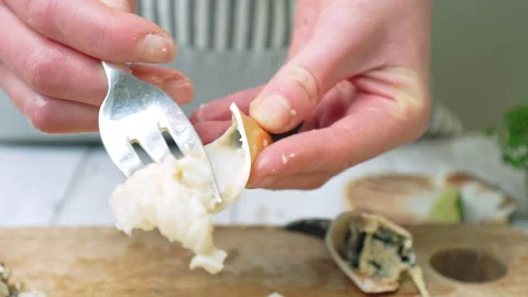 Close-up of scooping out delicious meat a crab and with a fork from the claws. Stock Footage 146335301