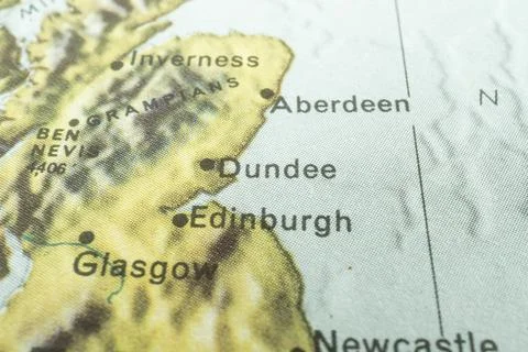 Close-up Scotland map with key cities, islands, and contour lines for elevati Stock Photos