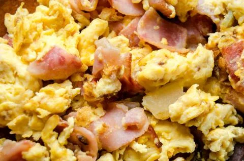 Close up of scrambled eggs and ham Stock Photos