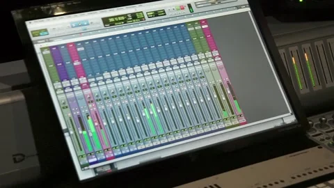 Close up screen audio workstation console background Stock Footage 194380633