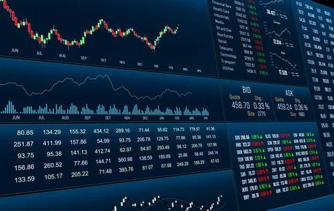  Close-up screen with charts, market data, graphs and financial figures on... Stock Photos