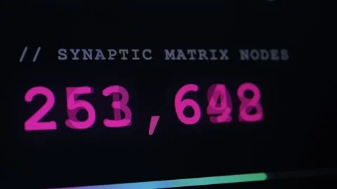 Close-up of a screen displaying a high count of synaptic matrix nodes. Stock Footage 336969335