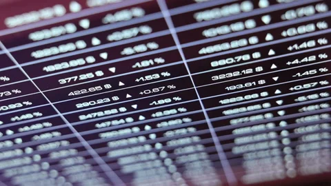 Close-up screen with financial figures, blue spreadsheet, stock market data Stock Footage 345580086