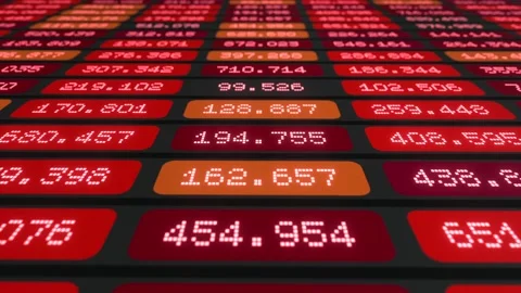Close up screen with financial or scientific data, red spreadsheet, market data, Stock Footage 329789214